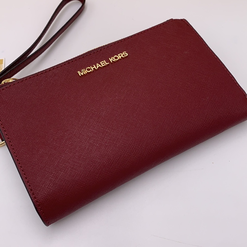 MICHAEL KORS LARGE DOUBLE ZIP WRISTLET WALLET DARK CHERRY COLOR - Picture 9 of 16